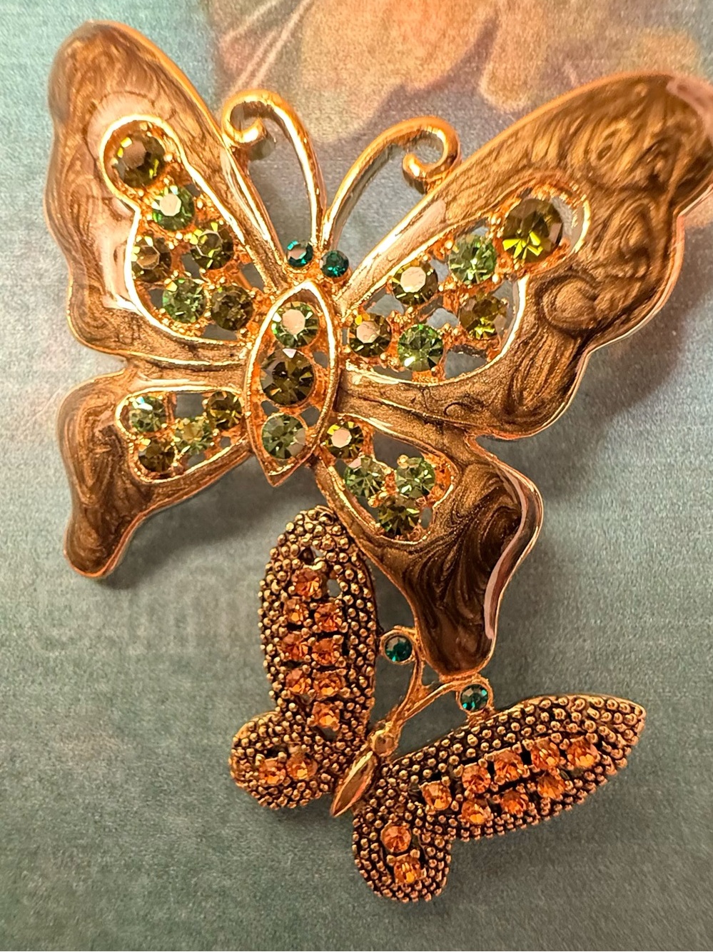 Gold-Tone Butterfly Accent with Green and Amber Crystals Brooch